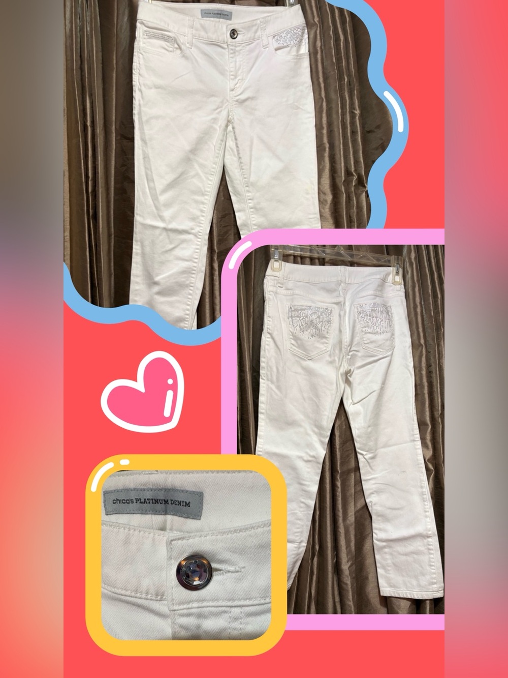 Chico's White Straight-Leg Jeans with Decorative Gem Button